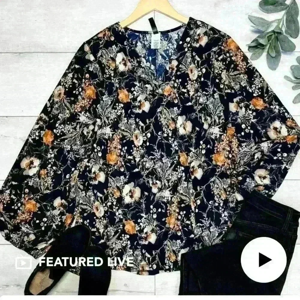 Navy floral long sleeve blouse #49